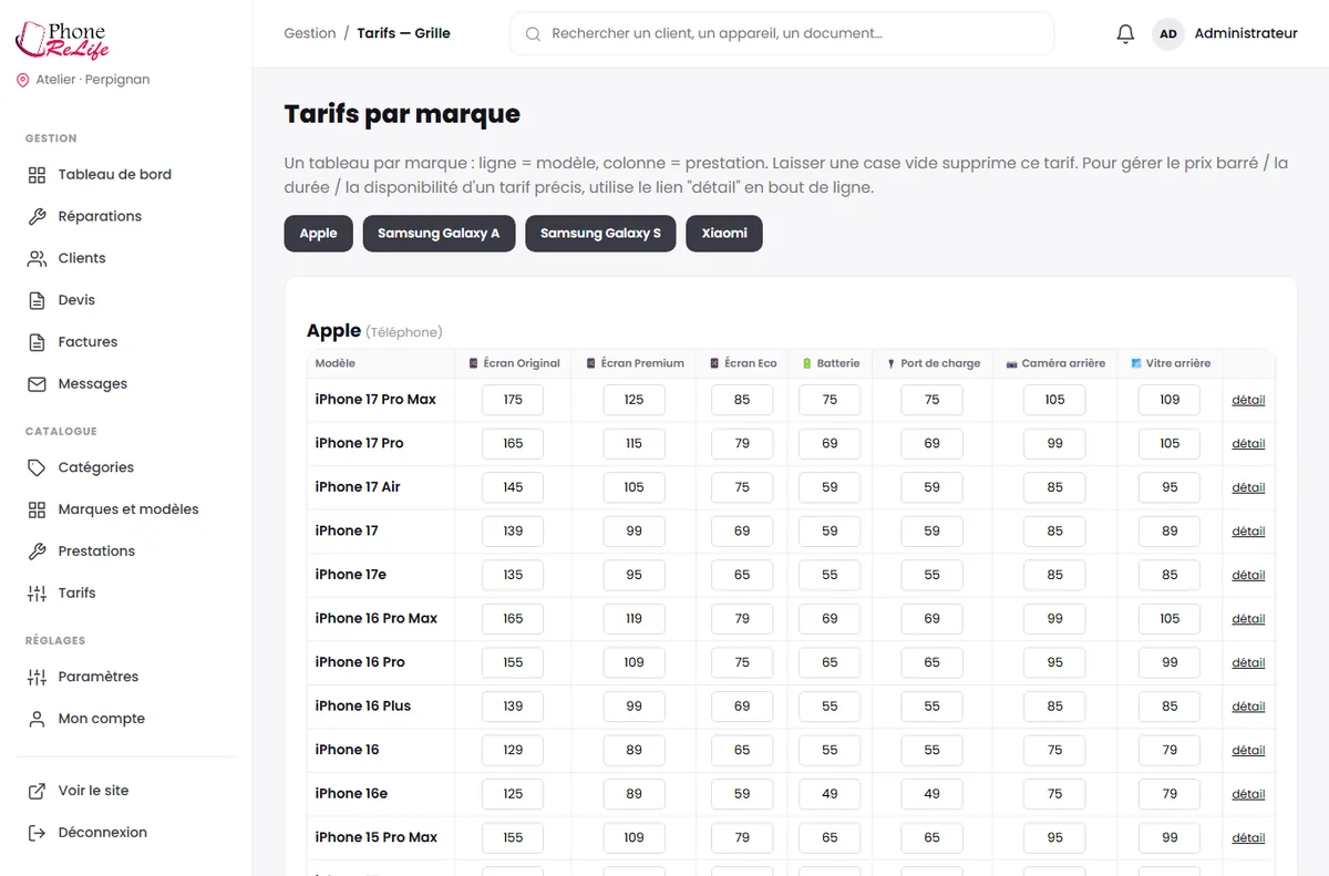 Tableau de gestion des tarifs par marque et par modèle