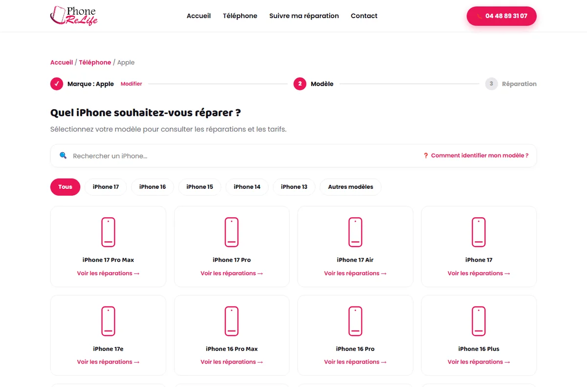 Choix du modèle de téléphone par marque