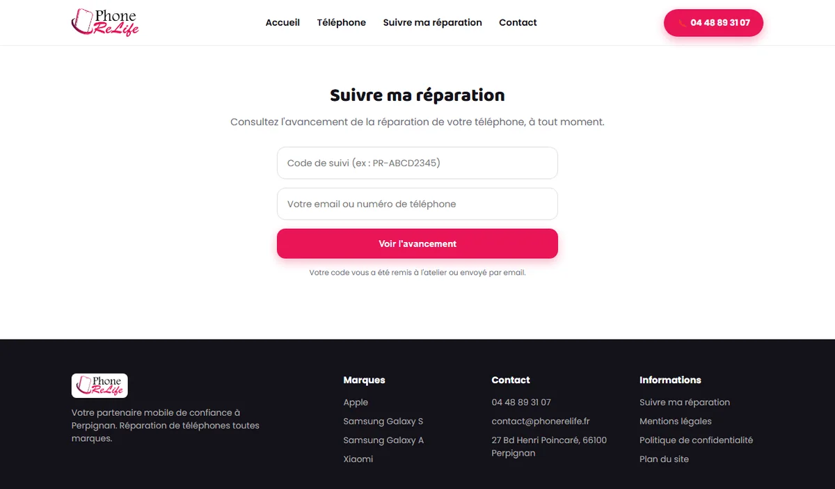 Page de suivi de réparation pour le client